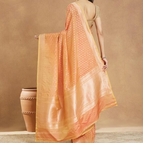 Fabindia - Orange Viscose Blend Banarsi Sari - Picture 4 of 7